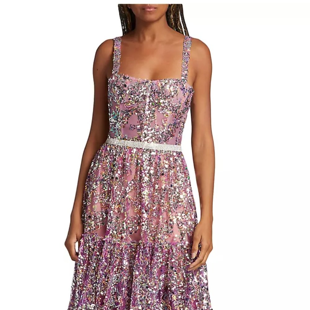 NWT  Bronx and Banco Midnight Sweetheart Sequin Column Gown In Purple